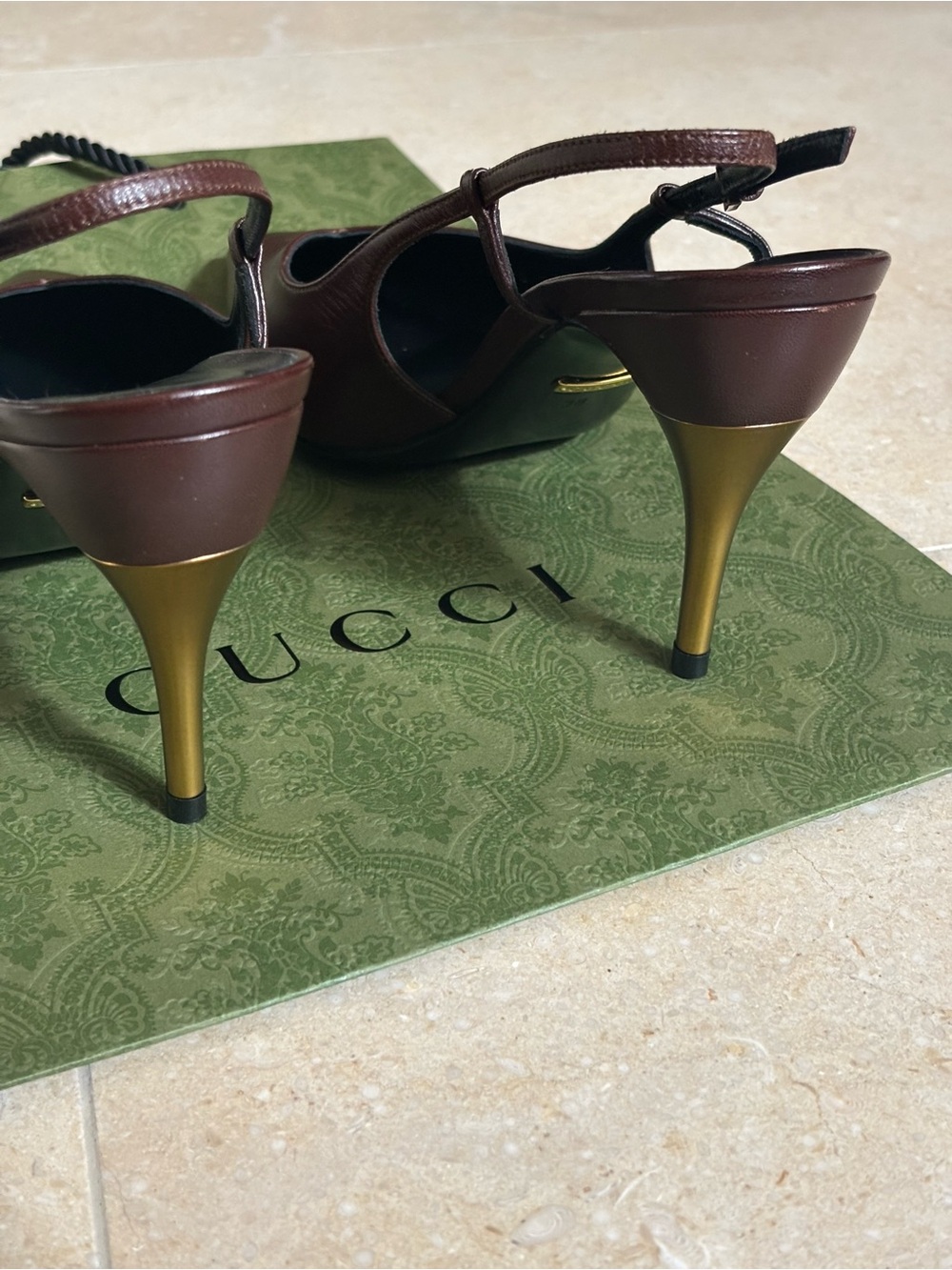 Gucci Brown Leather Pointed Slingback Pumps with Gold Stiletto - Picture 4 of 6